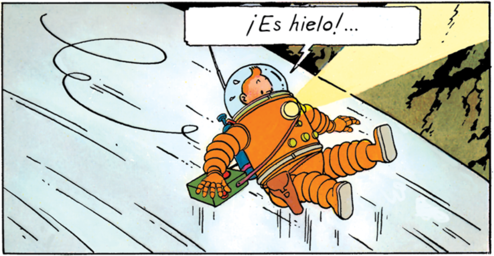 Tintin glisse sur la glace sur la Lune dans On a marché sur la Lune